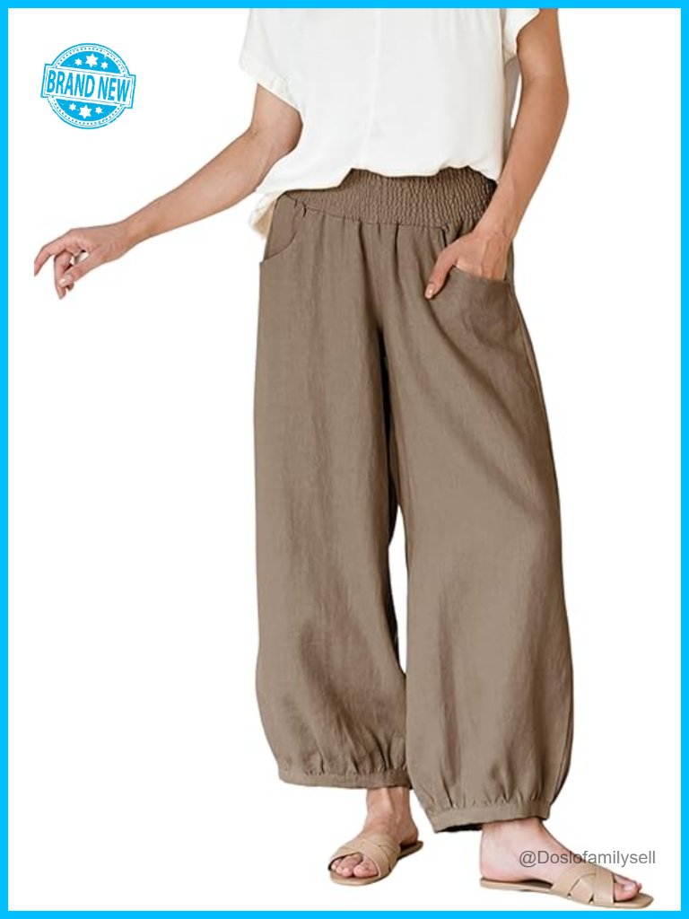 Wide Leg Cotton Linen Barrel Pants Elastic Waist Lounge Trousers With Pockets